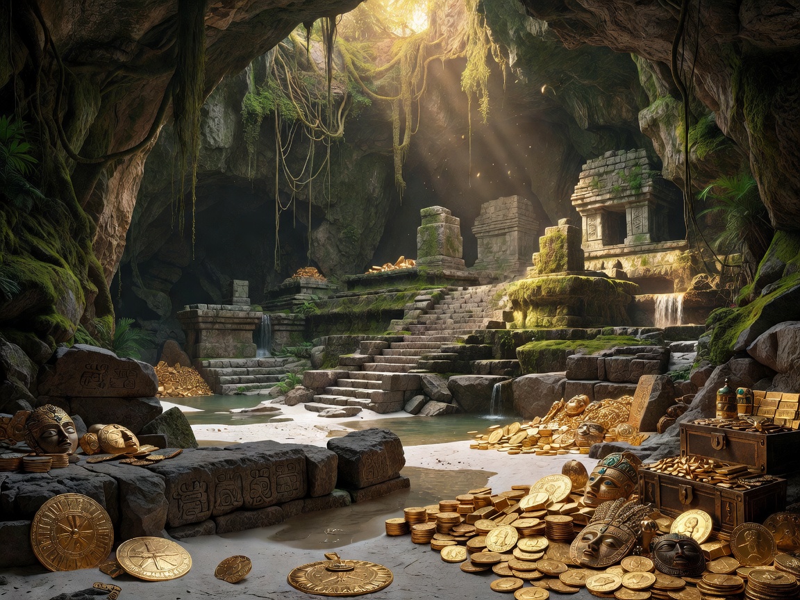 Hidden Caribbean treasure cave with gold artifacts and ancient temple ruins