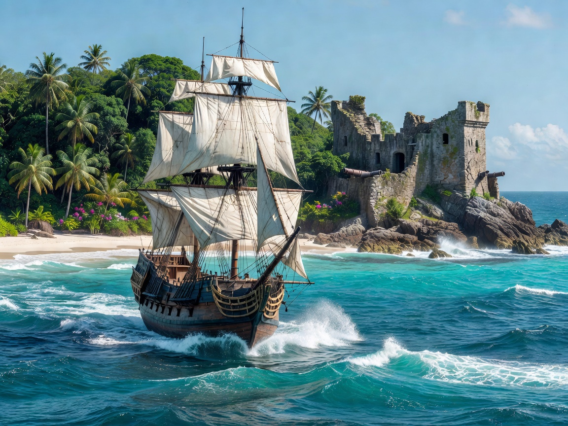 Pirate ship with white sails sailing ocean waves near a tropical island and ancient fort