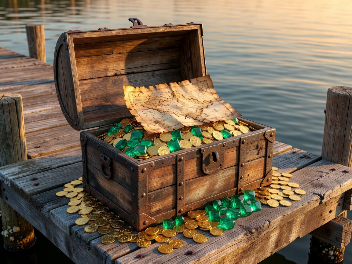 Open treasure chest with gold coins, emeralds, and a treasure map on a wooden dock