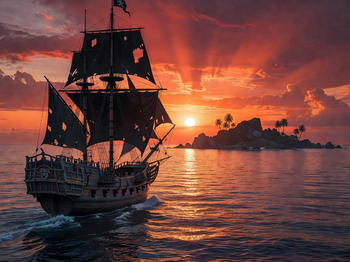 Panoramic view of a pirate ship sailing at sunset near a treasure island horizon