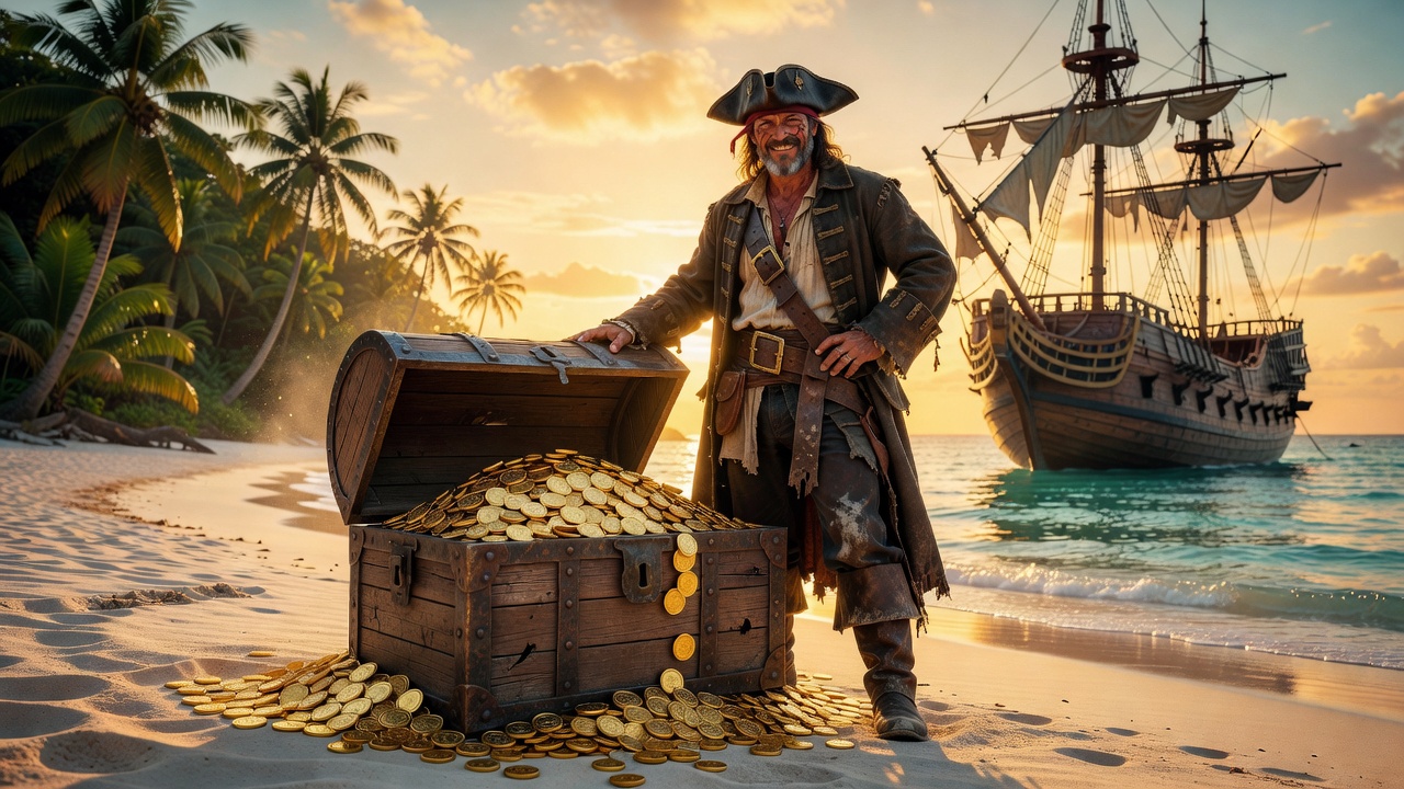 Legendary pirate captain with a treasure chest overflowing with gold coins, an ancient wooden ship, and a tropical island at golden sunset
